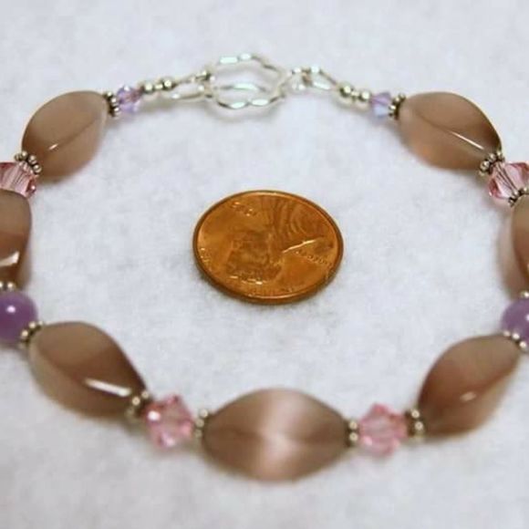 Handmade Pink Cat's Eye Glass, Amethyst Beads, & Sterling Silver Bracelet - Picture 7 of 8